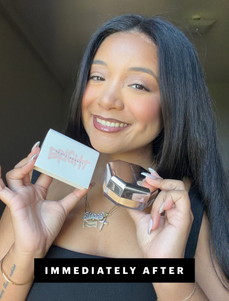 Bianca Richards holding up Fenty powders