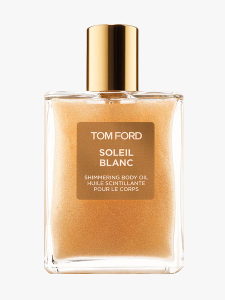 Tom Ford Soleil Blanc Shimmering Body Oil in branded component on a light gray background